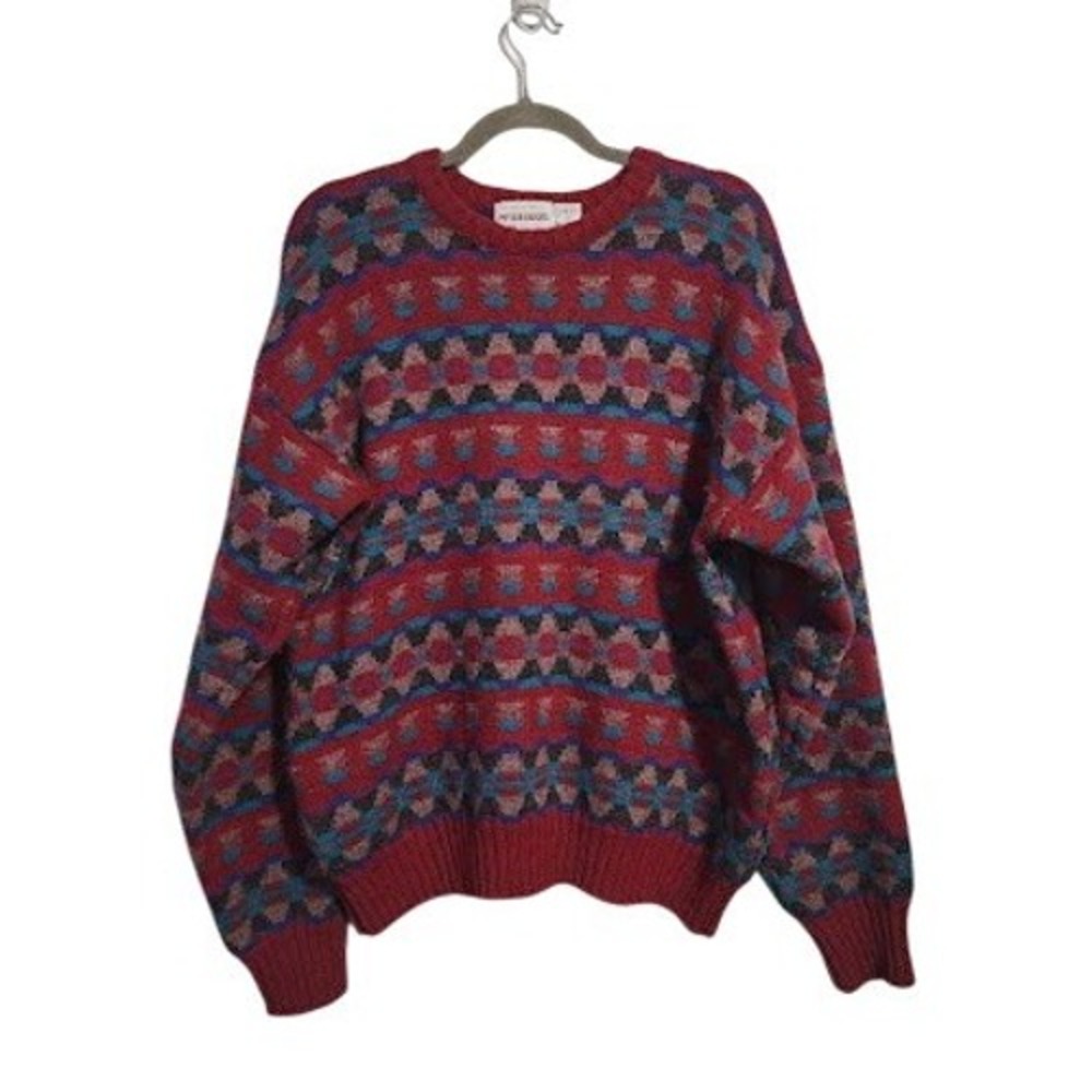 MCGREGOR 80s Red Geometric Fair Isle Crewneck Sweater L Wool Blend Grandpacore